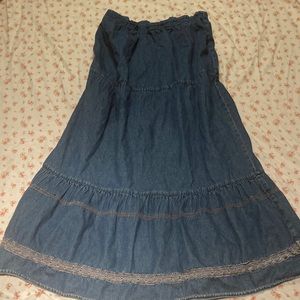 Vintage boho denim maxi skirt with crochet detail